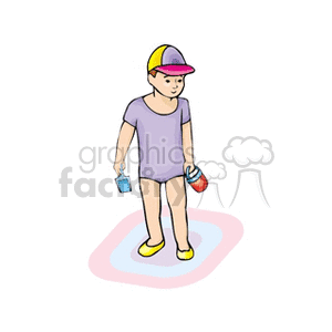 Boy carrying a pail and shovel wearing a onesie and a baseball cap