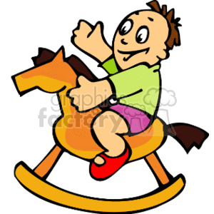 The clipart image features a cartoon of a happy child riding a rocking horse. The child appears to be enjoying themselves with a smile on their face while holding onto the horse's head.