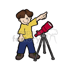 A boy with a telescope pointing at the sky