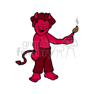   The image depicts a stylized representation of a child dressed as a little devil. The child is smiling and holding what appears to be a lit match or small torch. Notable features include red skin, a pointed tail, devilish horns, and red clothing. The child