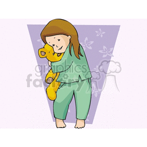 A little girl in green pajamas hugging her teddy bear