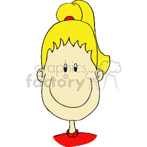 The clipart image presents a stylized depiction of a young girl with a happy expression. Notable features include her yellow hair tied up in a ponytail with a red hairband, simple facial features with dots for eyes and a curved line for a mouth, and what appears to be a red collar or neck accessory.