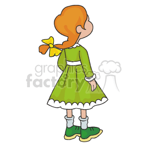 The clipart image depicts a cartoon girl standing while facing away from you. She has red hair tied in a ponytail, and she's dressed in a green dress with white trim, white socks, and green shoes.