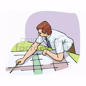 Man working on blue prints with a pointer
