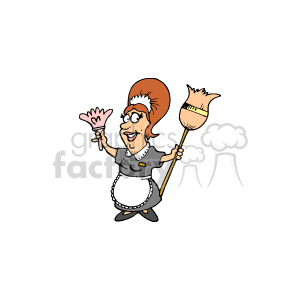The image is a clipart of a smiling maid holding a broom and a duster. She is depicted as wearing a traditional maid outfit with an apron and a headpiece. The maid seems to be ready to clean, representing the concept of housekeeping or cleaning services.
