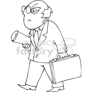 The clipart image depicts a cartoon character that represents a professional occupation. The character appears to be a stern-looking individual with glasses, wearing a suit, and carrying a briefcase in one hand and a rolled-up document or blueprint in the other. The attire and accessories suggest that the character could be a professor, teacher, scientist, or perhaps a business executive or manager.