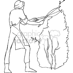 The image is a black and white clipart that depicts a person engaged in the task of landscaping, specifically trimming a bush with a pair of hand shears. The individual is wearing a hat and is focused on the task of shaping the vegetation.