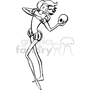 This clipart image depicts a stylized figure resembling an actor in a theatrical performance, holding a skull in one hand, which is a common reference to the play Hamlet by William Shakespeare. The actor is depicted in a dramatic pose, emphasizing the theme of contemplation and the existential questions often associated with the scene where Hamlet speaks the famous To be, or not to be soliloquy. The simplified black and white drawing highlights key visual elements associated with acting and theater, such as the costume, the dramatic gesture, and the skull as a prop.