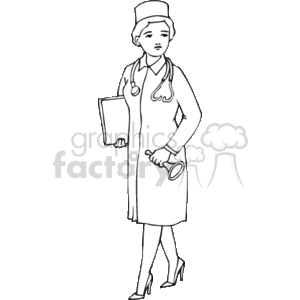 This clipart image depicts a person dressed in traditional nurse attire. The individual is wearing a nurse's cap, a dress with an apron, and heels. The nurse is holding a clipboard in one hand and a stethoscope in the other.