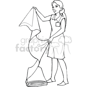 The clipart image depicts a female figure at work, specifically involved in a cleaning or laundry-related task. She is shown holding a sheet or piece of cloth. The individual is dressed in a uniform that is typically associated with cleaning staff or housekeepers, which includes an apron and a name badge.