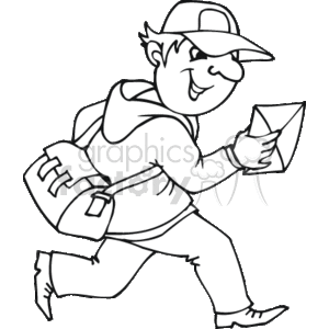 The clipart image depicts a cartoon of a postal worker, often referred to as a mailman or postman, who appears to be in motion, suggesting the action of delivering mail. The character is wearing a cap, has a satchel over one shoulder, filled presumably with letters and packages, and is holding an envelope in one hand. The style is simple line art, suitable for a variety of uses including educational materials, coloring books, and websites related to postal services or occupations.