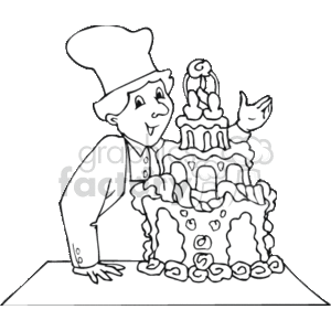 The clipart image features a smiling baker or chef in professional attire, including a chef's hat, standing behind a multi-tiered wedding cake. The cake is adorned with decorative icing and what appears to be a bride and groom cake topper.