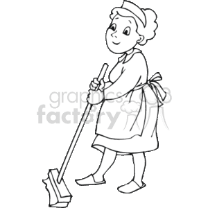 The clipart image depicts a person dressed as a maid or cleaner, who appears to be sweeping the floor with a broom. The individual is wearing a traditional maid's outfit, which includes a dress with an apron and a head covering.