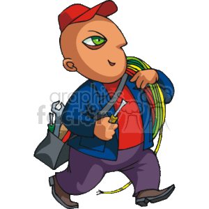The clipart image depicts a cartoon of a confident electrician walking. He has a screwdriver in his hand and is carrying a tool bag. The electrician is wearing a work uniform consisting of a blue jacket, red shirt, and purple pants, complemented by a red cap. He also has a selection of colorful electrical wires draped over his shoulder, indicating that he is ready for electrical wiring tasks.