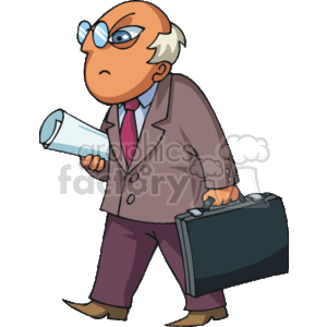 The clipart image depicts a cartoon character that could represent a professional man in an occupation like a professor, teacher, boss, or scientist. He is wearing glasses, a suit with a tie, carrying a briefcase in one hand and a rolled-up document in the other, which suggests he could be going to work, delivering a lecture, or presenting research. The character looks serious or stern.