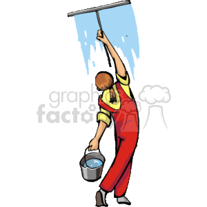 This clipart image depicts a person engaged in the occupation of window washing. The individual is wearing red overalls and a yellow shirt and is using a squeegee to clean a large window. The person is holding a bucket, presumably containing cleaning solution, in their other hand.