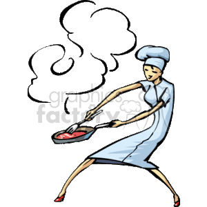 The clipart image depicts a chef, identified by the traditional toque (chef's hat), cooking or frying some sort of food in a pan, as indicated by the rising steam or smoke. The chef appears to be in an active pose, suggesting motion in the cooking process.