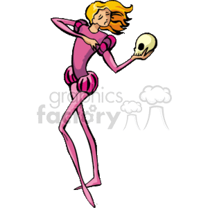 The clipart image shows an animated character, likely an actor, portraying a theatrical performance. The character is dressed in a pink and striped costume, representing a thespian's attire, and they are dramatically holding a skull in one hand, which suggests the act of performing a scene from a play, possibly reminiscent of Shakespeare's Hamlet. The skull is commonly associated with the famous Alas, poor Yorick monologue from that play.