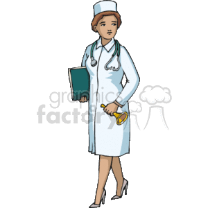 The clipart image features a depiction of a female nurse. She is dressed in traditional nurse attire, which includes a white dress and cap, and she is wearing high-heeled shoes. The nurse is equipped with a stethoscope around her neck and is holding a clipboard in one hand and a yellow object, which could represent a medical device or tool, in her other hand.