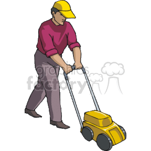 The image is a clipart depicting a person engaged in landscaping or lawn care. The individual is wearing a cap and is pushing a yellow lawn mower, which suggests that they are mowing grass or working in a garden as part of their occupational duties.