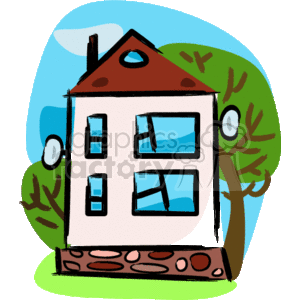 This image depicts a simple cartoon-style drawing of a house. The house has a red roof, several windows with reflections indicating glass, and is set against a background with green tree-like shapes, suggesting a residential setting or a garden. There are no people or realtors present in the image, and it lacks details that might suggest it's connected with real estate outside of representing a generic house.