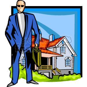 This clipart image features a stylized depiction of a real estate agent or realtor standing confidently next to a residential house, suggesting the idea of real estate sales or home buying. The agent is dressed in a business suit and is holding a briefcase, emphasizing their professional role. The house appears to be a suburban, single-family home with a prominent roof, windows, and a front porch.
