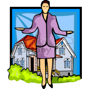 This clipart image depicts a person, who appears to be a real estate agent or realtor, standing in front of a stylized house. The person is dressed professionally, suggesting that they may be involved in the process of selling the house or providing information about it. The background includes a large window, which creates the appearance of the agent being superimposed over the image of the house.