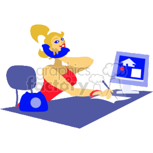   This clipart image depicts a cartoon-style representation of a female real estate agent or realtor. She is seated at a desk with a computer monitor displaying a house icon, suggesting real estate activity. The realtor is multitasking, with one hand holding a telephone to her ear and the other hand poised with a pen above a document, ready to write. There