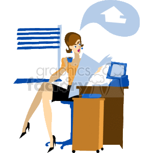 This clipart image depicts a female real estate agent or realtor at her desk. She is talking on a telephone headset and looking at documents or plans. A speech bubble with a house symbol in it indicates that she is likely discussing a property or home. There is a computer on her desk, suggesting that she is working with online listings or property databases.