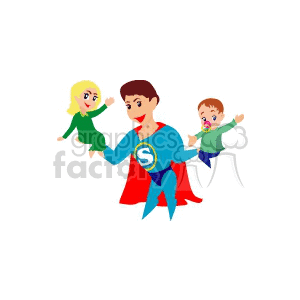 A cartoon superhero character in a blue outfit and red cape holding two children, one in each hand.