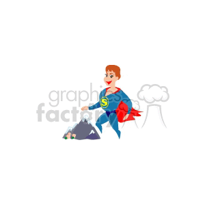 Cartoon superhero character in a blue costume with a red cape, standing near mountains.