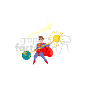 A funny superhero clipart featuring a character holding the Earth and the sun with a bolt of lightning.