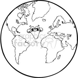 This clipart image features a simplified representation of Earth, emphasizing the continents in a playful style. The globe is given a cartoonish face in the upper center, with eyes and a smile, adding a whimsical, anthropomorphic aspect to the planet.