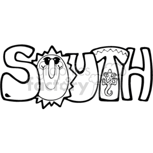 The clipart image features a stylized word SOUTH where each letter incorporates a different element related to a sunny, warm, Southern atmosphere. The S includes a sun design, there is a depiction of a lizard on the letter U, and the overall style of the lettering has a graffiti-like aesthetic, suggesting a vibrant, artistic, and possibly rural or country aspect.
