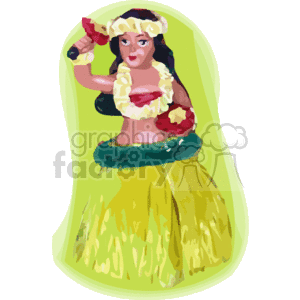 This clipart image features a stylized, animated figure representing a Hawaiian hula dancer doll. She is depicted with a lei around her neck, a floral bikini top, a grass skirt, and a flower in her hair.