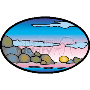   The clipart image features a stylized landscape scene within an oval frame. It depicts a sunset or dusk setting with a gradient sky transitioning from blue to pink hues, suggestive of evening light. There are fluffy white clouds scattered across the sky. In the foreground, there