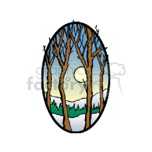   The clipart image depicts a stylized oval scene of a natural landscape. You can see barren trees, indicative of a forest or woods during a season where leaves are absent, possibly winter. Through the trees, there appears to be a setting or rising sun casting a warm glow on the sky, which transitions from yellow to blue, suggesting either dawn or dusk. In the background, there are silhouettes of mountains, hinting at a country or wilderness setting. Below the mountains, there