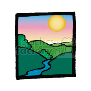 The clipart image shows a stylized landscape scene with a setting sun in a colorful sky, transitioning from blue to pinkish hues, indicating dusk or sunset. There are mountains in the background with green slopes, and a river winds through the valley between the mountains. The river is represented in blue, showing it as a water body.