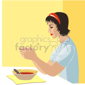   The clipart image depicts a woman with a bowl of soup in front of her. She has her hands together as though she is praying or expressing gratitude before a meal. Her eyes are closed, and her head is slightly bowed in a contemplative or reverent gesture. She