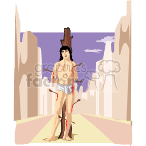 The image appears to be a stylized representation of a religious sacrifice scene. It shows a figure with a wooden stake or cross behind them. The figure has markings that suggest wounds, with red lines representing blood on their body and face. The figure is wearing cloth around their waist, and they are standing in a street with buildings that appear ancient or classical in style, possibly representing an old city. The sky is partly cloudy with hints of a dusk or dawn setting.