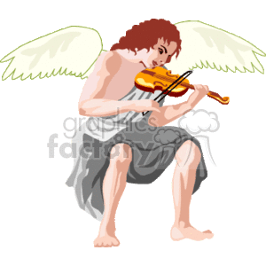   This clipart image depicts an angel playing a violin. The angel appears to be seated, with large white wings, donning a draped grey cloth around its lower body. The angel