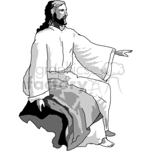 Illustration of a seated figure resembling religious iconography in traditional robes, often associated with Jesus.