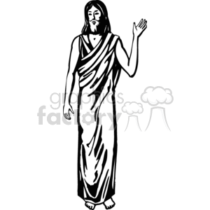 Black and white clipart illustration of a religious figure in traditional robes, raising one hand.