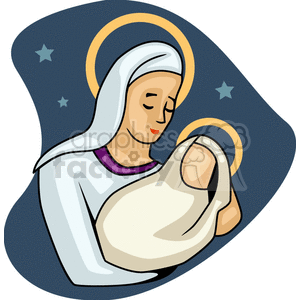 A religious clipart of the Virgin Mary holding baby Jesus, depicted with halo symbols.