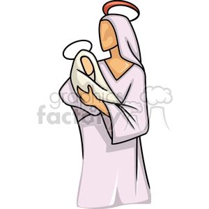 Clipart of a woman with a halo holding a baby, symbolizing Mary and baby Jesus in a religious context.