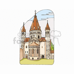 Illustration of a cathedral with multiple spires and detailed architecture.