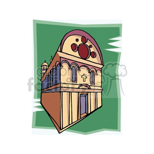 Colorful clipart illustration of a stylized Christian church or cathedral with a cross, arches, and rose window elements on a green background.