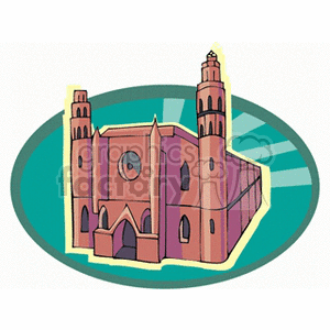 Clipart image of a stylized cathedral with two towers and an arched entrance, set against a green oval background.