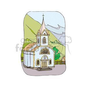 A clipart image of a small, quaint church set against a scenic backdrop with mountains.