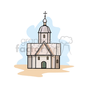 Illustration of a traditional church building with a cross on top.